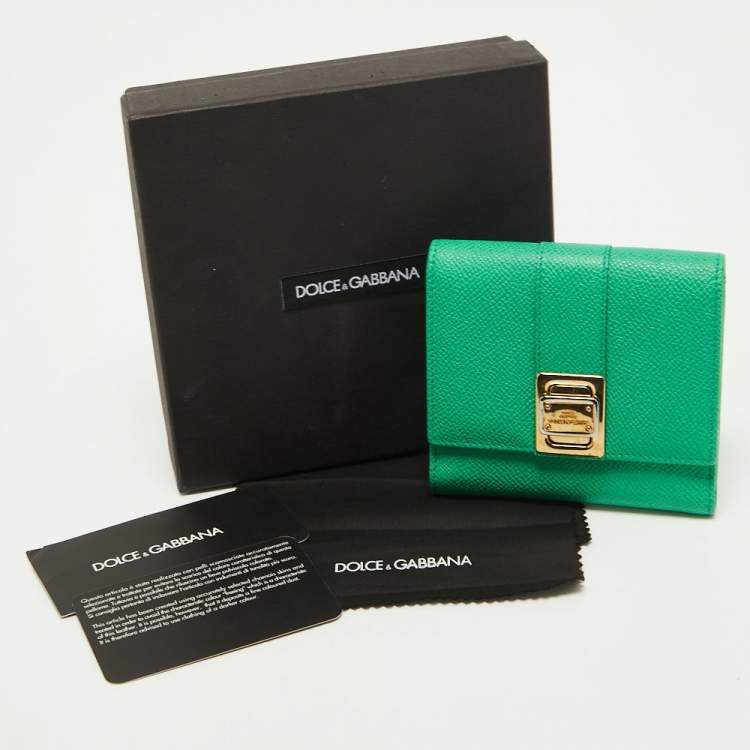 Pre Owned Dolce & Gabbana Green Leather Trifold Compact Wallet
