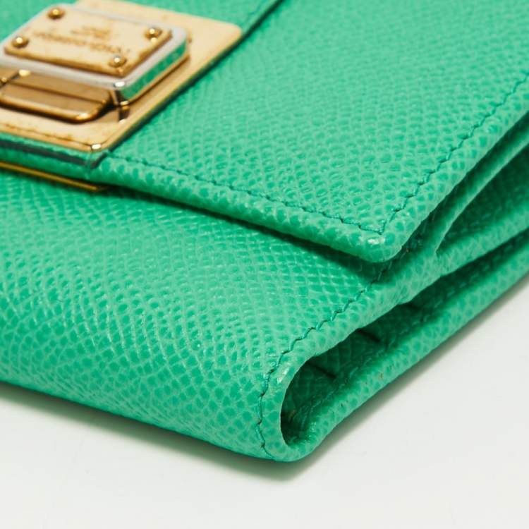 Pre Owned Dolce & Gabbana Green Leather Trifold Compact Wallet