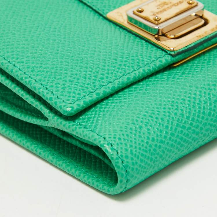 Pre Owned Dolce & Gabbana Green Leather Trifold Compact Wallet