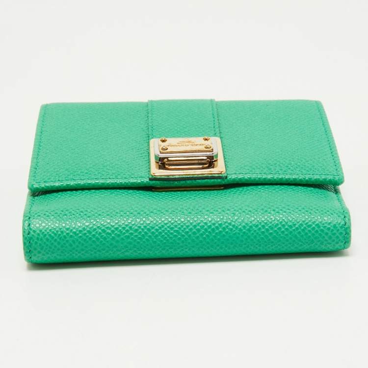 Pre Owned Dolce & Gabbana Green Leather Trifold Compact Wallet
