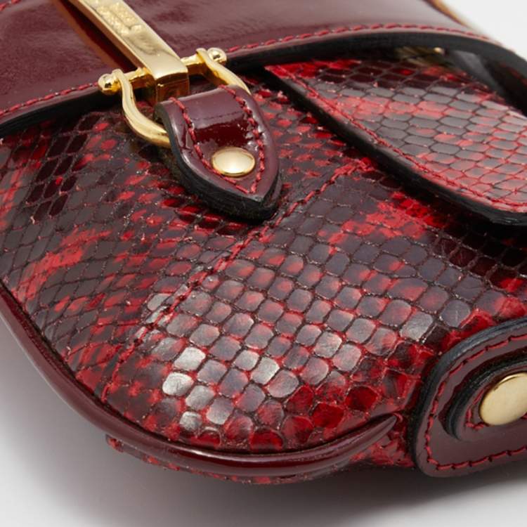 Pre Owned D&G Dark Red Patent and Snakeskin Embossed Leather Flap Shoulder Bag