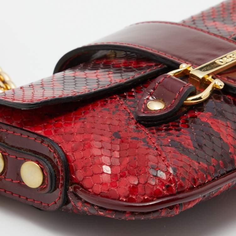 Pre Owned D&G Dark Red Patent and Snakeskin Embossed Leather Flap Shoulder Bag