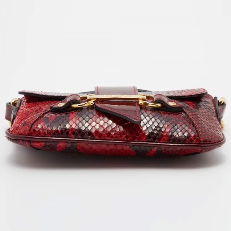 Pre Owned D&G Dark Red Patent and Snakeskin Embossed Leather Flap Shoulder Bag