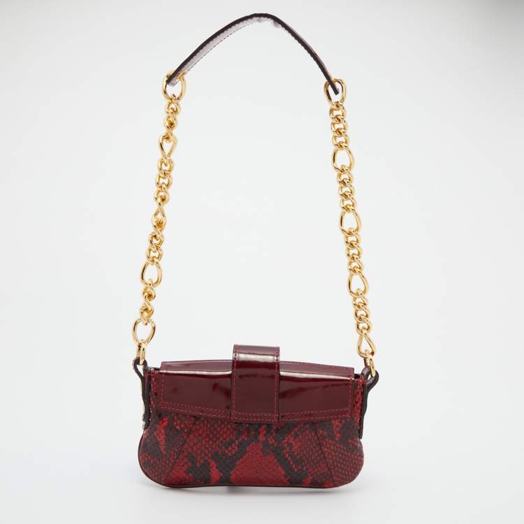 Pre Owned D&G Dark Red Patent and Snakeskin Embossed Leather Flap Shoulder Bag