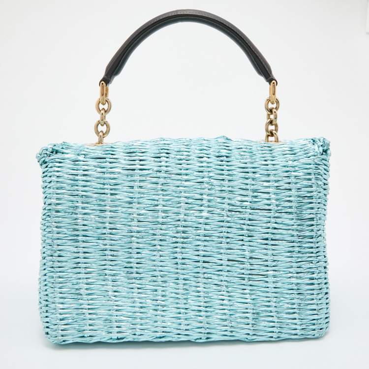 Pre Owned Dolce & Gabbana Metallic Blue/Black Woven Straw and Leather Miss Dolce Top Handle Bag
