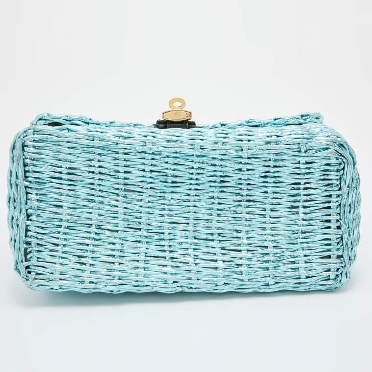 Pre Owned Dolce & Gabbana Metallic Blue/Black Woven Straw and Leather Miss Dolce Top Handle Bag