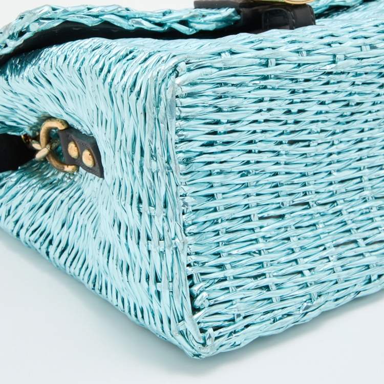 Pre Owned Dolce & Gabbana Metallic Blue/Black Woven Straw and Leather Miss Dolce Top Handle Bag