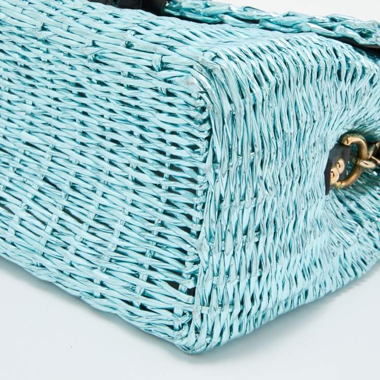 Pre Owned Dolce & Gabbana Metallic Blue/Black Woven Straw and Leather Miss Dolce Top Handle Bag