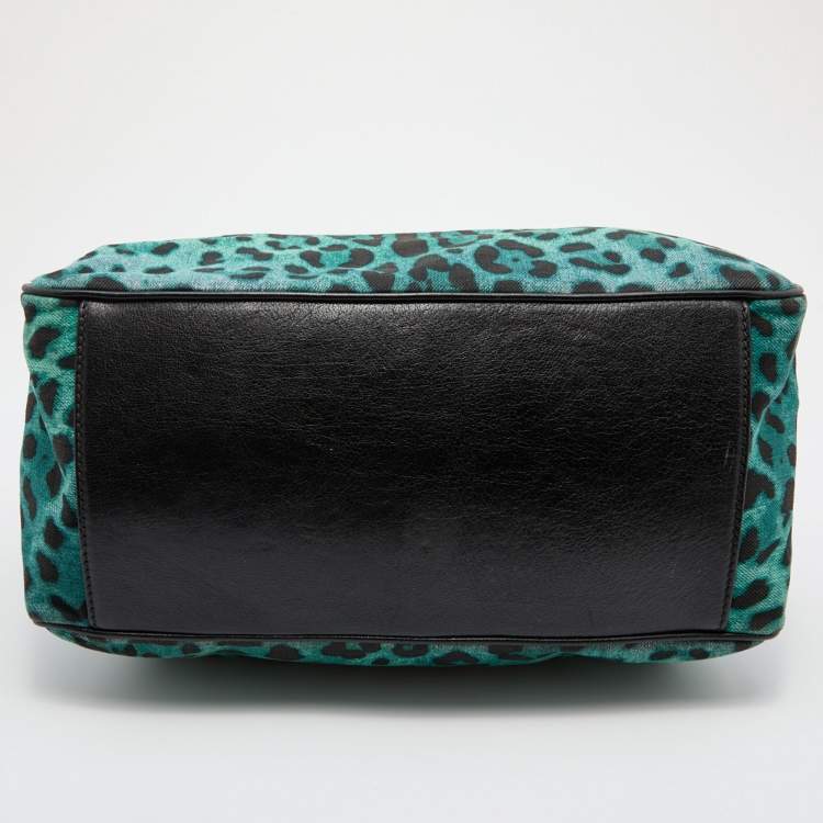 Pre Owned Dolce & Gabbana Green/Black Leopard Print Canvas and Leather Tote