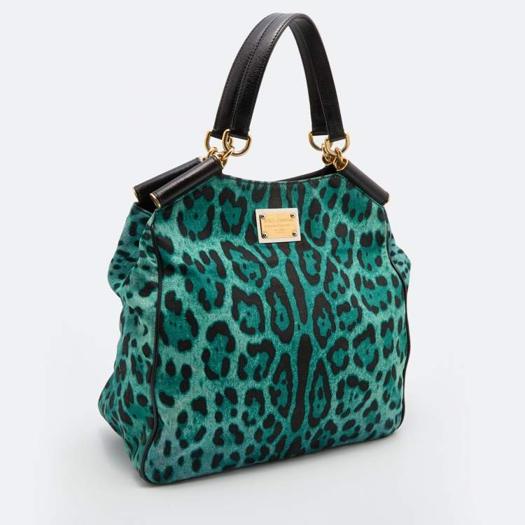 Pre Owned Dolce & Gabbana Green/Black Leopard Print Canvas and Leather Tote
