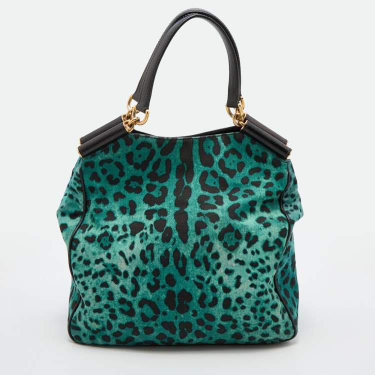 Pre Owned Dolce & Gabbana Green/Black Leopard Print Canvas and Leather Tote