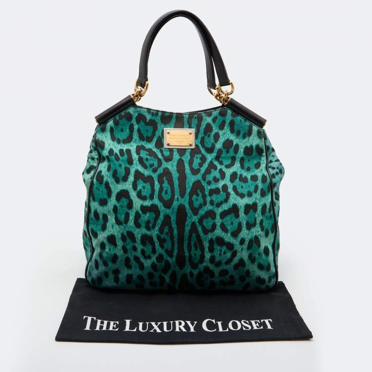 Pre Owned Dolce & Gabbana Green/Black Leopard Print Canvas and Leather Tote