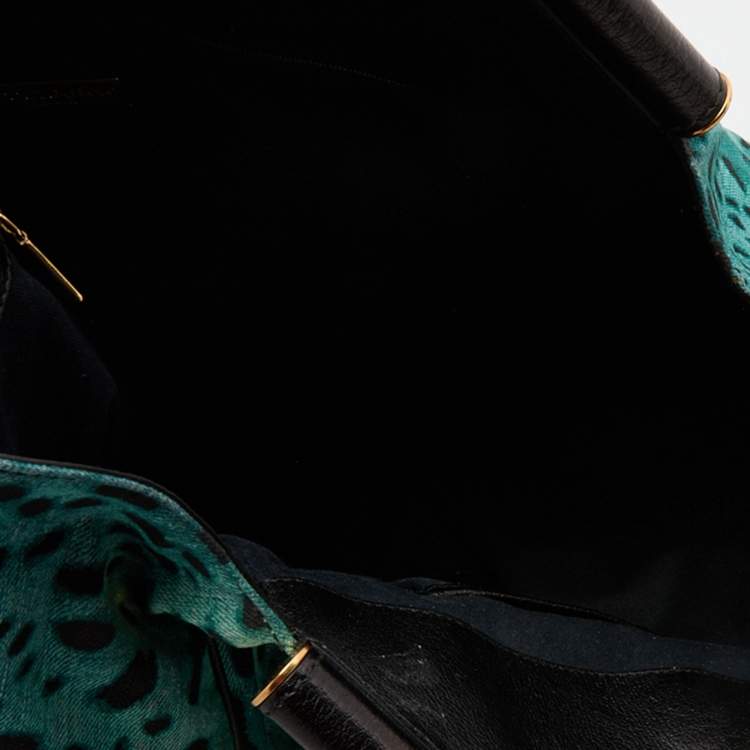 Pre Owned Dolce & Gabbana Green/Black Leopard Print Canvas and Leather Tote