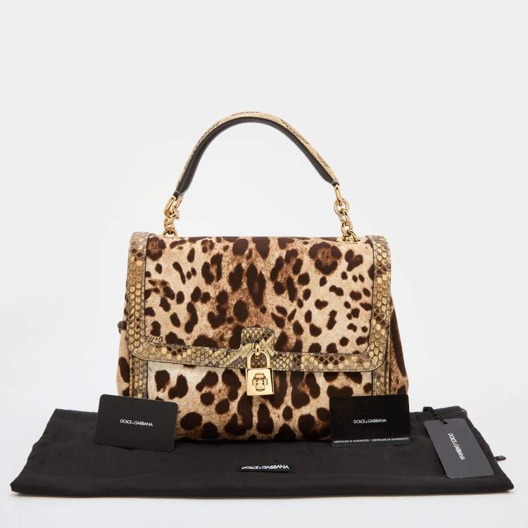 Pre Owned Dolce & Gabbana Beige/Brown Leopard Print Canvas and Python Miss Dolce Top Handle Bag