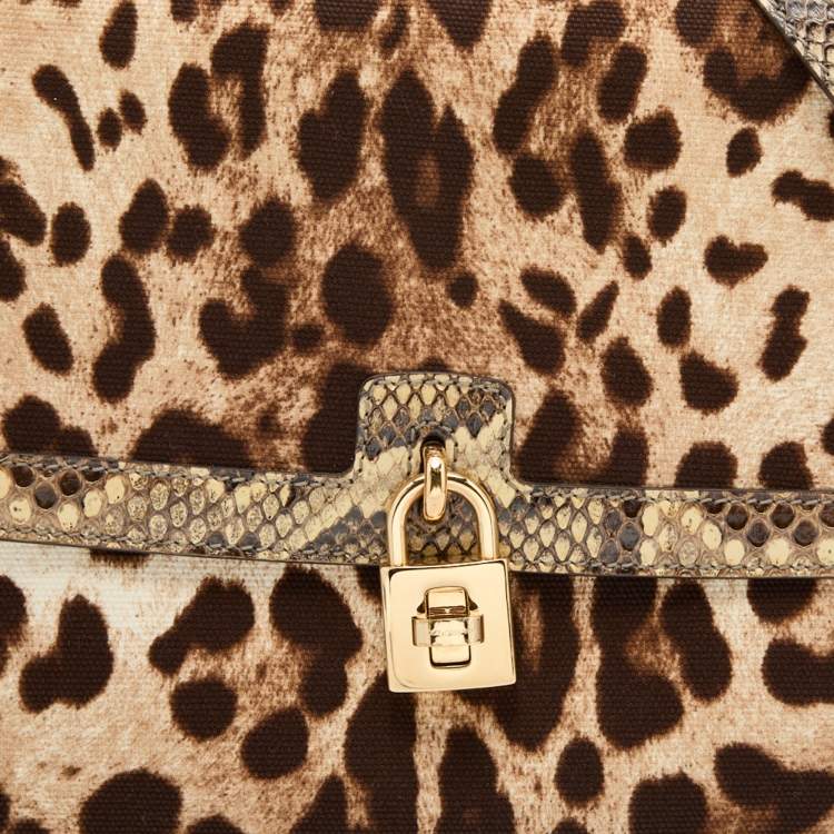 Pre Owned Dolce & Gabbana Beige/Brown Leopard Print Canvas and Python Miss Dolce Top Handle Bag