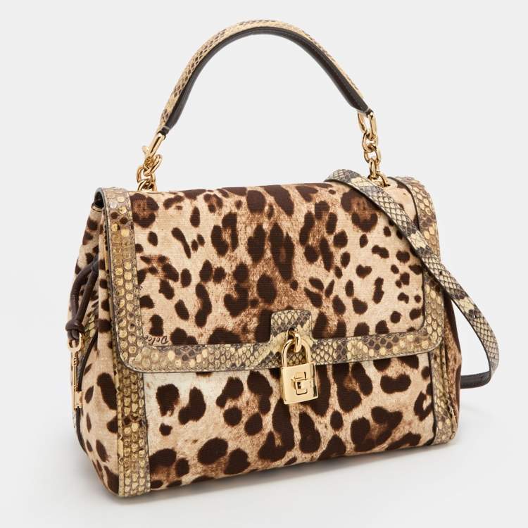 Pre Owned Dolce & Gabbana Beige/Brown Leopard Print Canvas and Python Miss Dolce Top Handle Bag