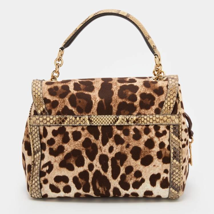 Pre Owned Dolce & Gabbana Beige/Brown Leopard Print Canvas and Python Miss Dolce Top Handle Bag