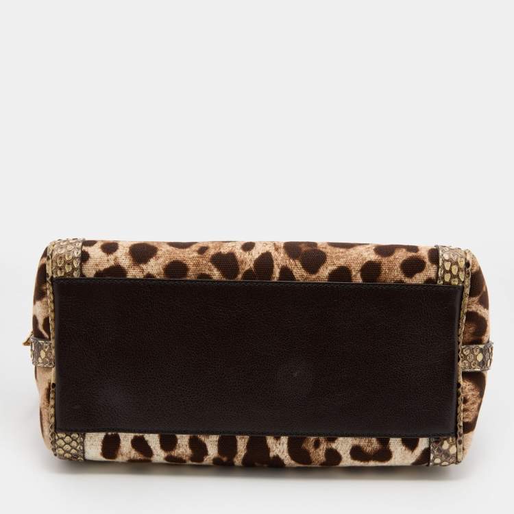 Pre Owned Dolce & Gabbana Beige/Brown Leopard Print Canvas and Python Miss Dolce Top Handle Bag