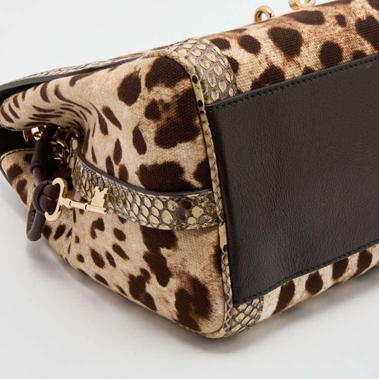 Pre Owned Dolce & Gabbana Beige/Brown Leopard Print Canvas and Python Miss Dolce Top Handle Bag