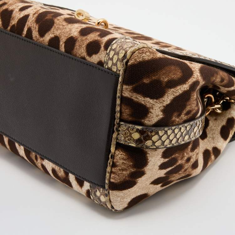 Pre Owned Dolce & Gabbana Beige/Brown Leopard Print Canvas and Python Miss Dolce Top Handle Bag