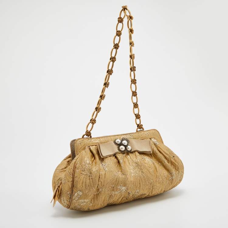 Pre Owned Dolce & Gabbana Metallic Beige Floral Jacquard Shoulder Bag