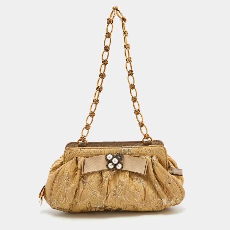 Pre Owned Dolce & Gabbana Metallic Beige Floral Jacquard Shoulder Bag