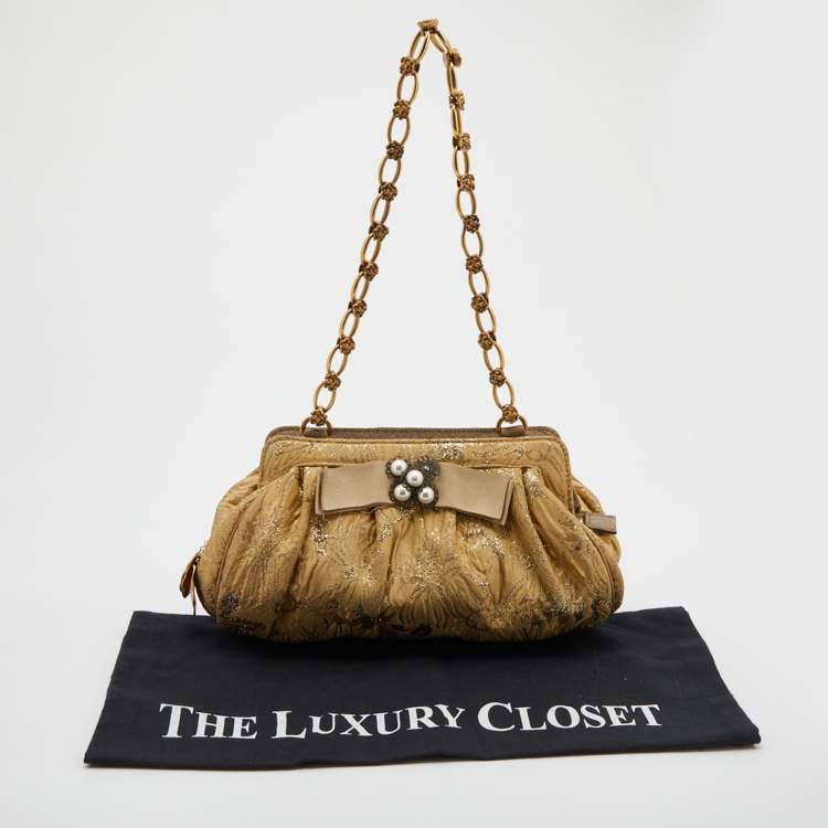Pre Owned Dolce & Gabbana Metallic Beige Floral Jacquard Shoulder Bag