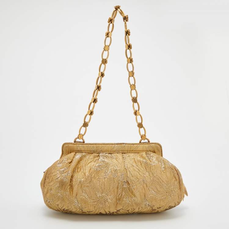 Pre Owned Dolce & Gabbana Metallic Beige Floral Jacquard Shoulder Bag
