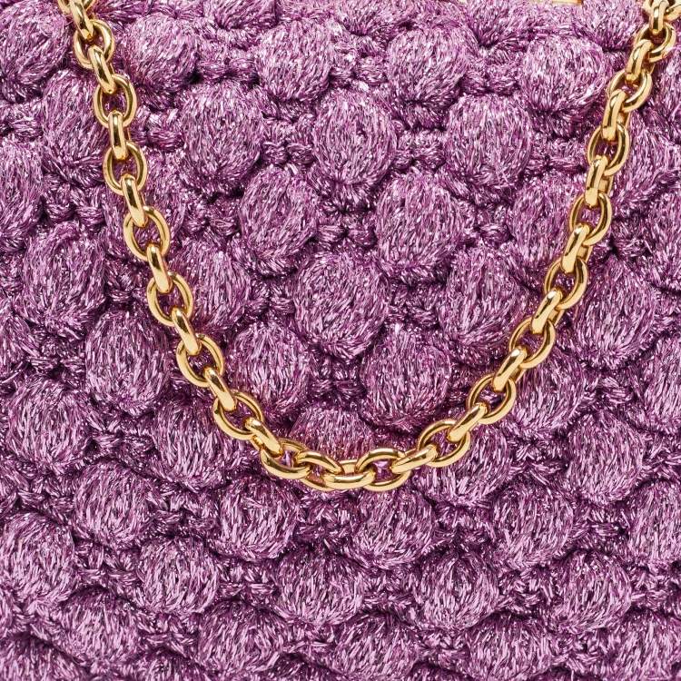 Pre Owned Dolce & Gabbana Lavender Lurex Fabric Kiss Lock Frame Chain Clutch