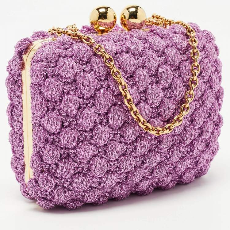 Pre Owned Dolce & Gabbana Lavender Lurex Fabric Kiss Lock Frame Chain Clutch