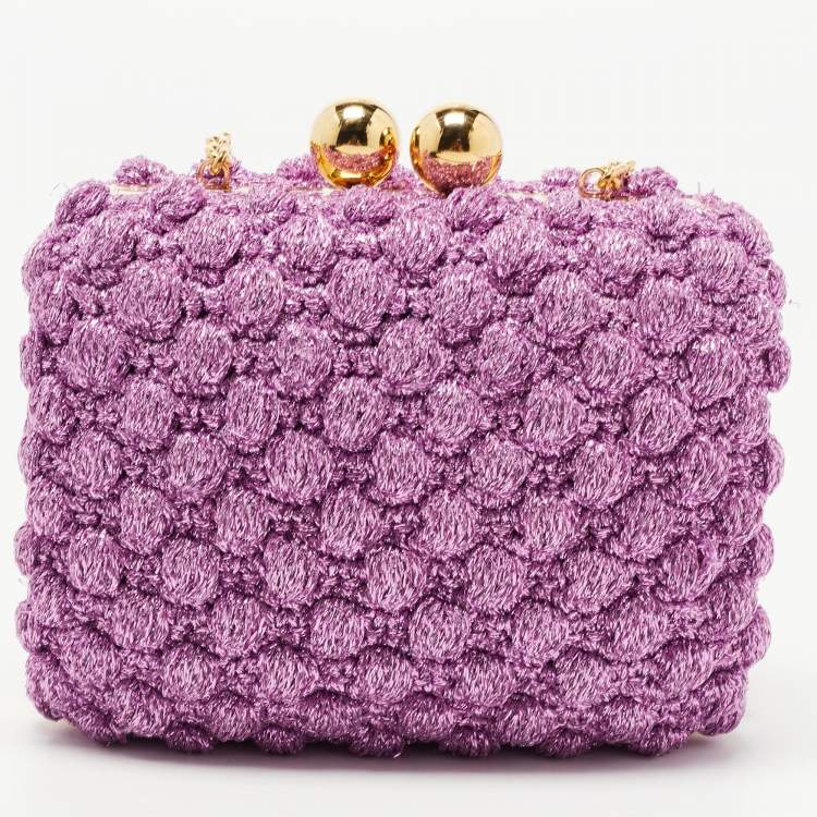 Pre Owned Dolce & Gabbana Lavender Lurex Fabric Kiss Lock Frame Chain Clutch