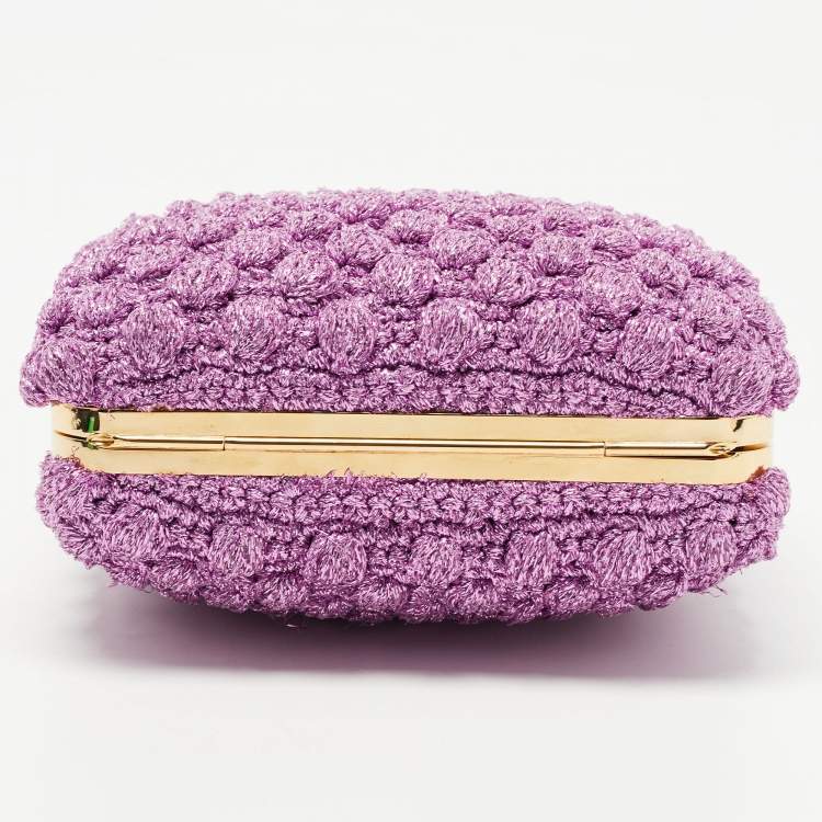 Pre Owned Dolce & Gabbana Lavender Lurex Fabric Kiss Lock Frame Chain Clutch
