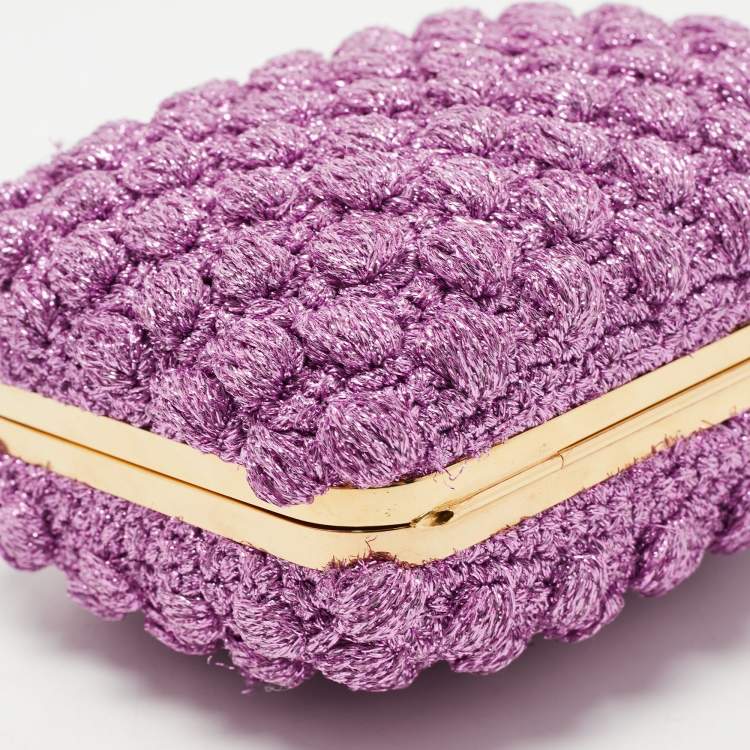 Pre Owned Dolce & Gabbana Lavender Lurex Fabric Kiss Lock Frame Chain Clutch