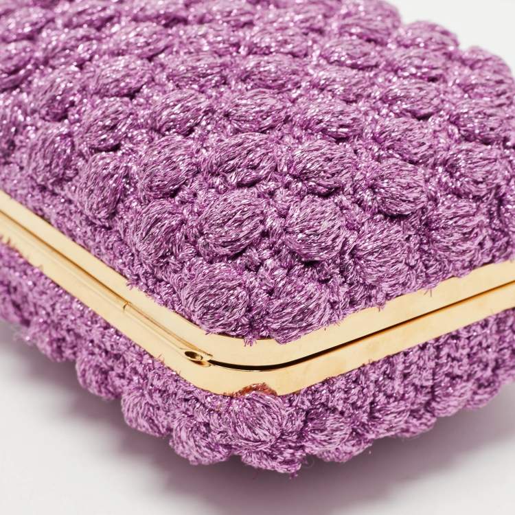 Pre Owned Dolce & Gabbana Lavender Lurex Fabric Kiss Lock Frame Chain Clutch