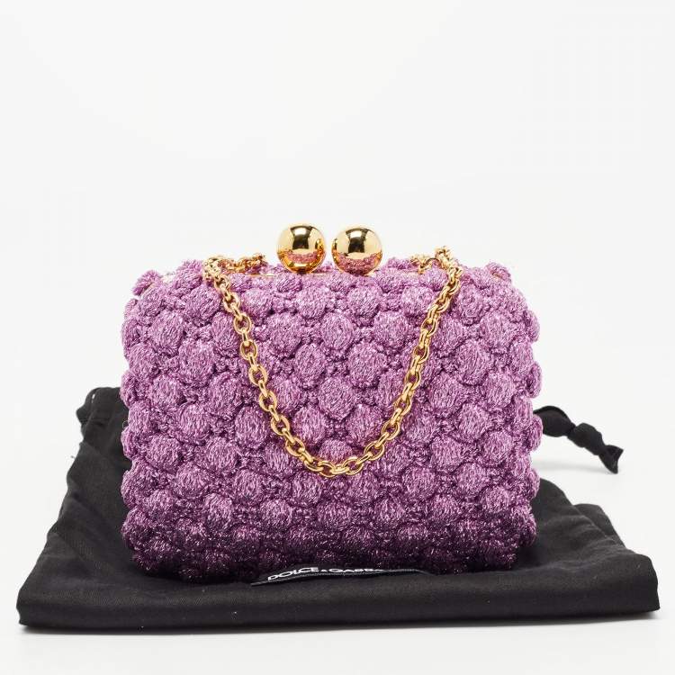 Pre Owned Dolce & Gabbana Lavender Lurex Fabric Kiss Lock Frame Chain Clutch