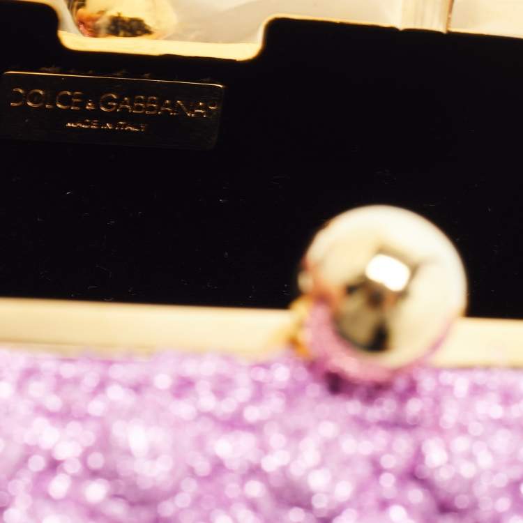 Pre Owned Dolce & Gabbana Lavender Lurex Fabric Kiss Lock Frame Chain Clutch