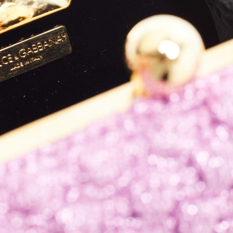 Pre Owned Dolce & Gabbana Lavender Lurex Fabric Kiss Lock Frame Chain Clutch