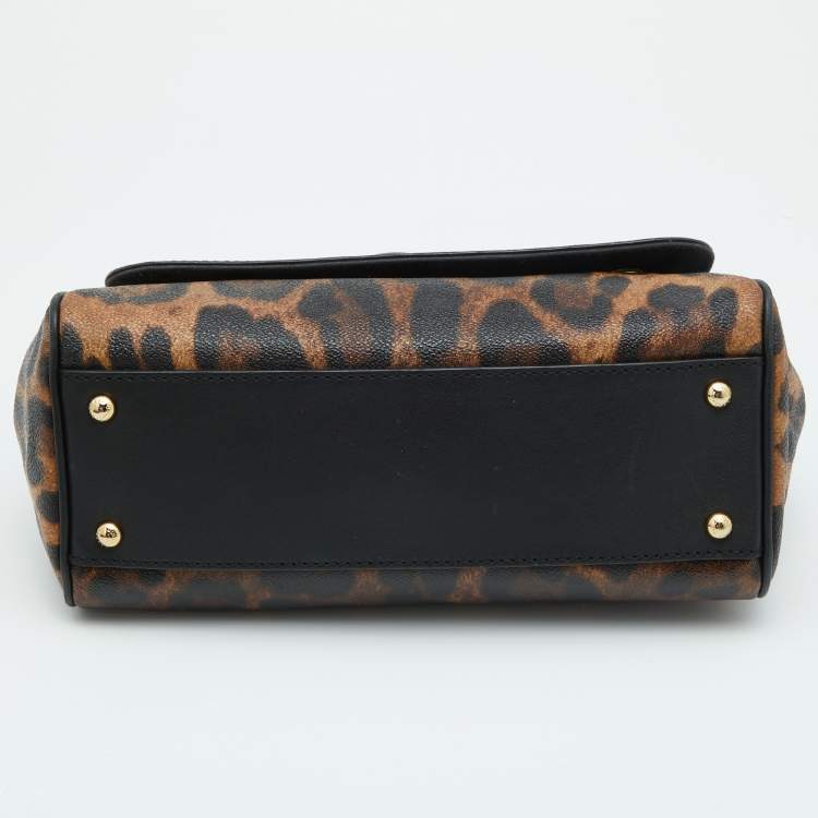 Pre Owned Dolce & Gabbana Brown/Black Leopard Print Coated Canvas and Leather Medium Miss Sicily Top Handle Bag