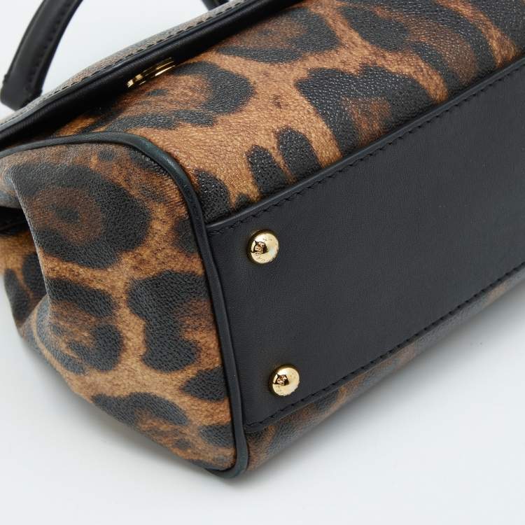 Pre Owned Dolce & Gabbana Brown/Black Leopard Print Coated Canvas and Leather Medium Miss Sicily Top Handle Bag