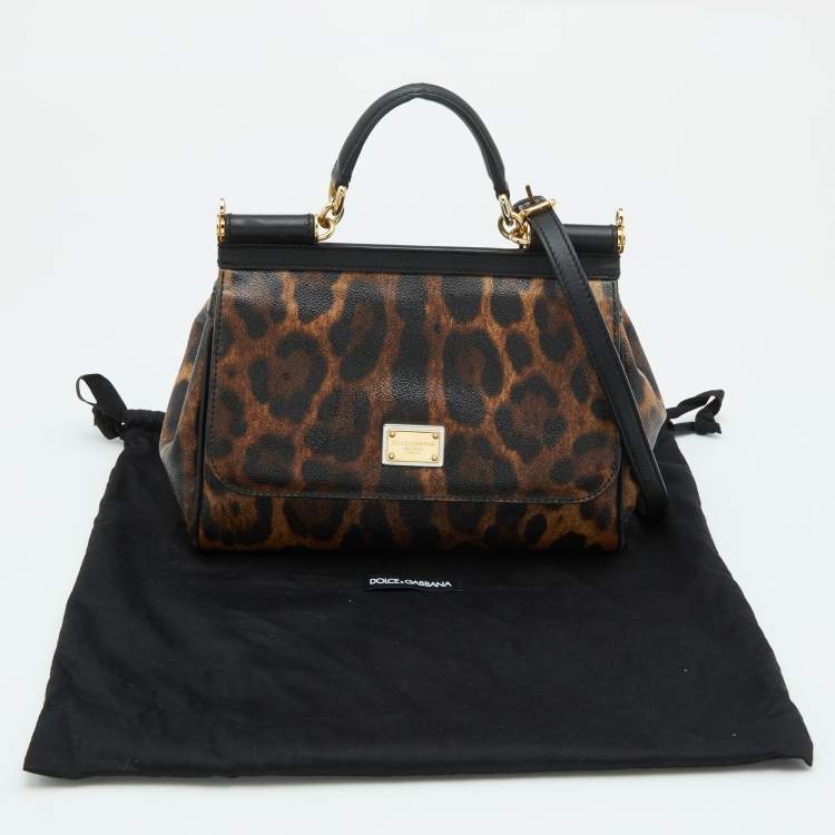 Pre Owned Dolce & Gabbana Brown/Black Leopard Print Coated Canvas and Leather Medium Miss Sicily Top Handle Bag