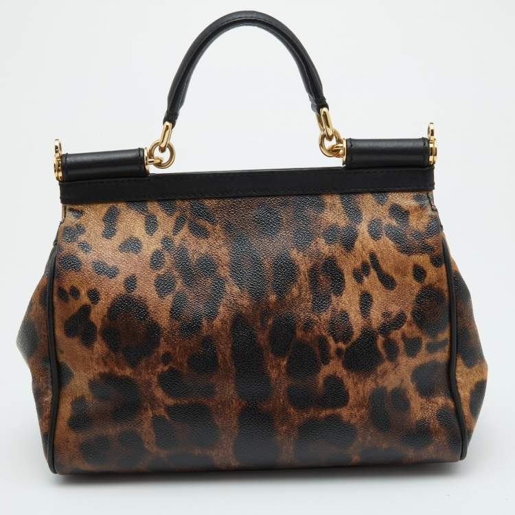 Pre Owned Dolce & Gabbana Brown/Black Leopard Print Coated Canvas and Leather Medium Miss Sicily Top Handle Bag