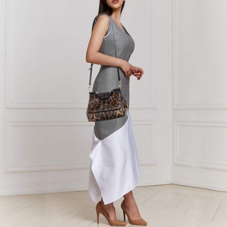 Pre Owned Dolce & Gabbana Brown/Black Leopard Print Coated Canvas and Leather Medium Miss Sicily Top Handle Bag