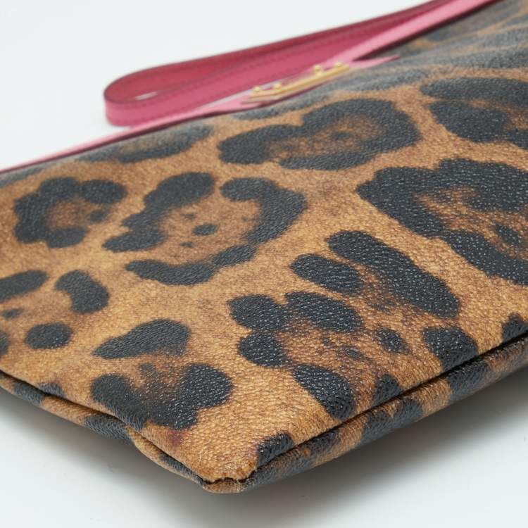 Pre Owned Dolce & Gabbana Brown/Pink Leopard Print Coated Canvas and Leather Wristlet Clutch