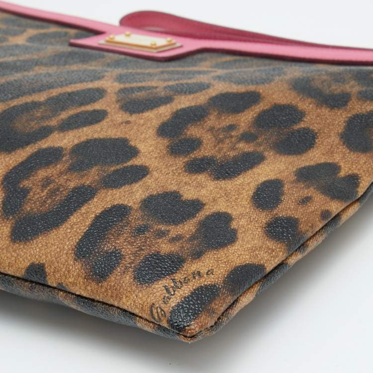 Pre Owned Dolce & Gabbana Brown/Pink Leopard Print Coated Canvas and Leather Wristlet Clutch