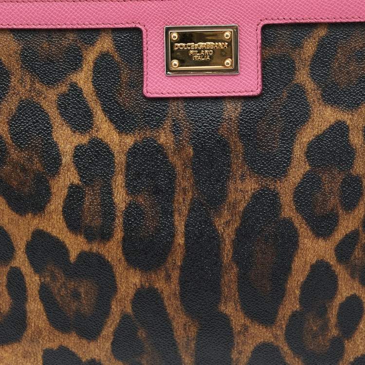 Pre Owned Dolce & Gabbana Brown/Pink Leopard Print Coated Canvas and Leather Wristlet Clutch