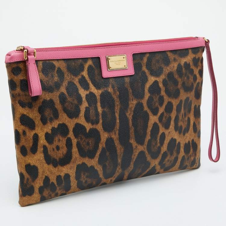 Pre Owned Dolce & Gabbana Brown/Pink Leopard Print Coated Canvas and Leather Wristlet Clutch