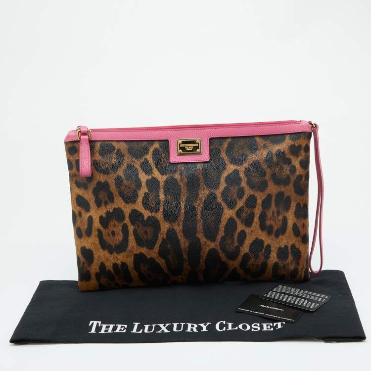 Pre Owned Dolce & Gabbana Brown/Pink Leopard Print Coated Canvas and Leather Wristlet Clutch