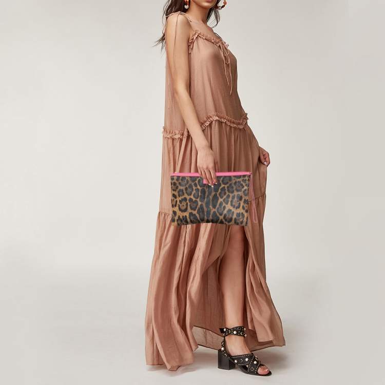 Pre Owned Dolce & Gabbana Brown/Pink Leopard Print Coated Canvas and Leather Wristlet Clutch