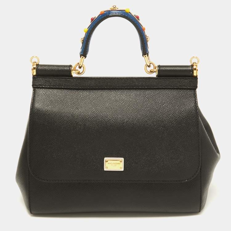 Pre Owned Dolce & Gabbana Black Leather Medium Miss Sicily Top Handle Bag