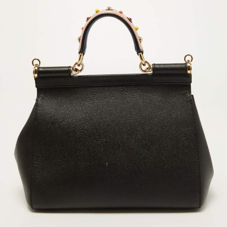 Pre Owned Dolce & Gabbana Black Leather Medium Miss Sicily Top Handle Bag